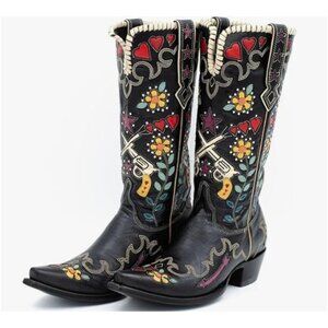 Womens Black Floral & Heart Embroidered Western Tall Cowboy Boots Size 7.5